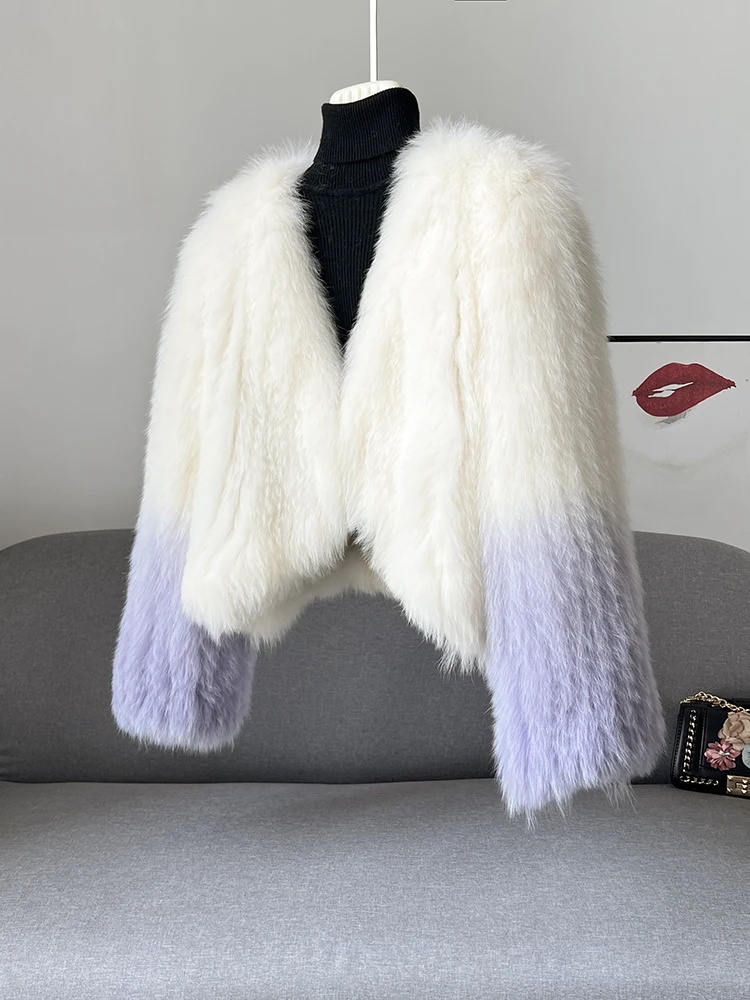 2022 Autumn Winter New Gradient Real Fur Coat Winter Women Handmade Double-sided Woven Fox Fur Coat Women's Fashion Fur Jacket
