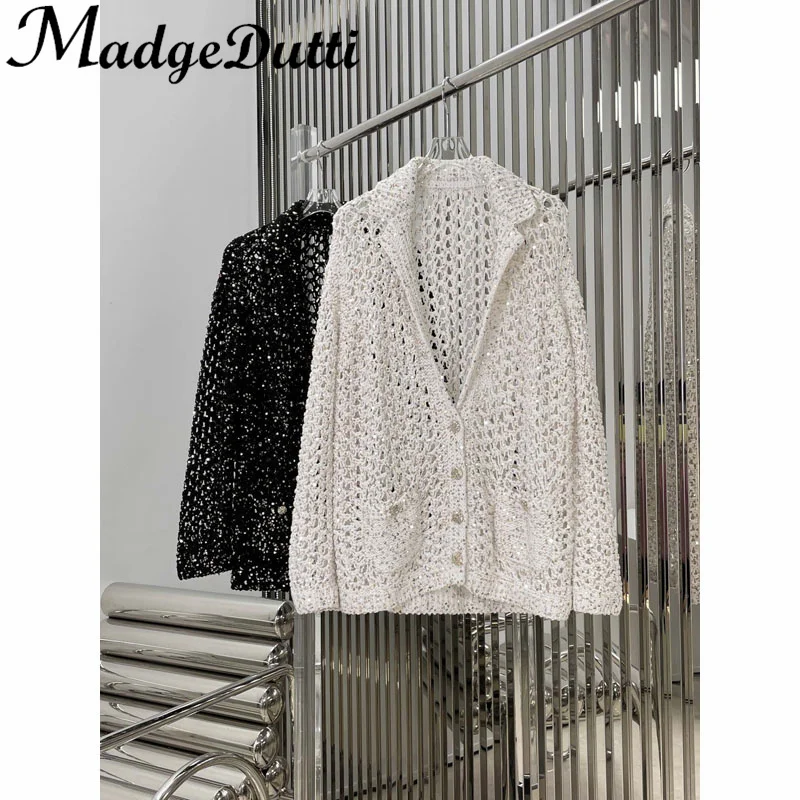 

1.10 MadgeDutti Women Fashion Sequins Decorate Hollow Out Design Single Breasted Knitted Cardigan