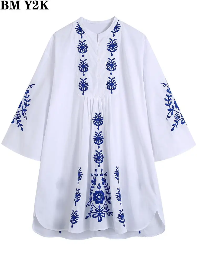 

BM Y2K Women fashion floral embroidered pleats mini dress vintage three quarter sleeve vents female dresses vestidos elegantes