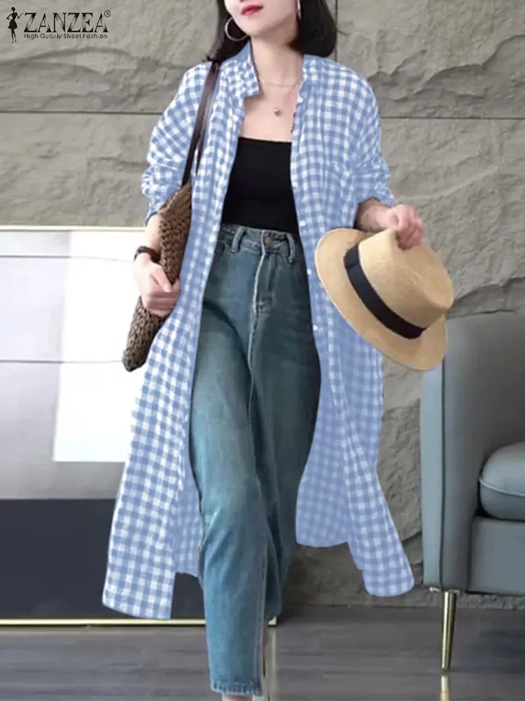 

ZANZEA 2023 Summer Long Sleeve Beach Cover Up Fashion Plaid Checked Kimono Shirt Women Lapel Long Cardigan Elegant Casual Blusas