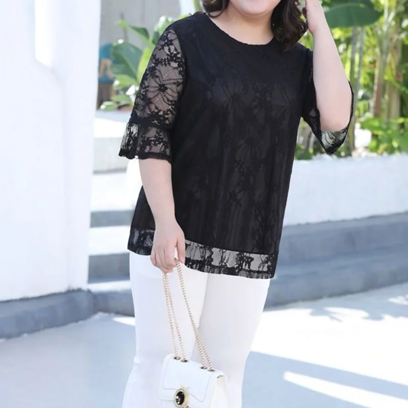 Spring Summer Simplicity Plus Size Hollow Out Women's Top Lace Patchwork Pleated Solid Color Nine Points Sleeve Loose T-Shirt