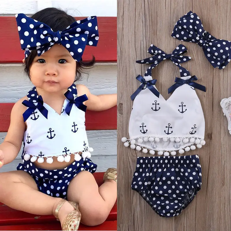 

Baby Girl Clothes Set Anchor Print Camis Vest Bow Tops Polka Dots Briefs Headband 0-24M Newborn Infant Toddler Summer Outfits