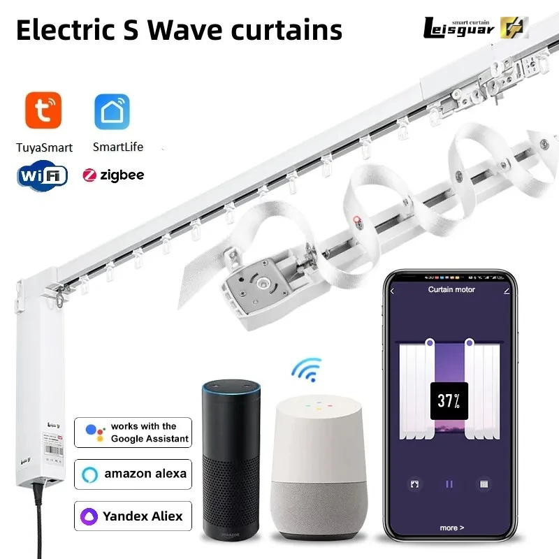Leisguar S Wave Folding Tuya WiFi Zigbee Smart Life Curtain Motor Track Set Поддержка индивидуального размера