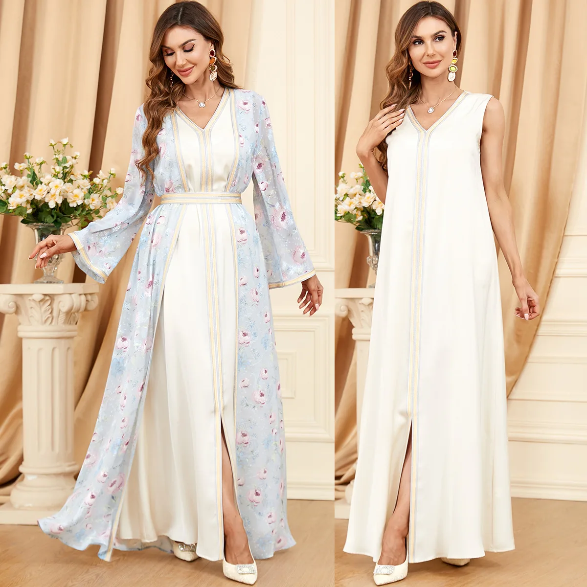 2 Piece Sets Muslim Dress for Women Ramadan Arabic Femme Kimono Abaya Eid Jalabiya Marocain Clothes Turkey Moroccan Kaftan Robe