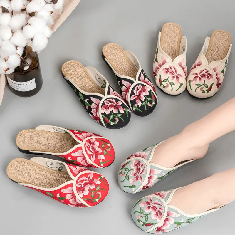 

Shoes Woman 2022 Cover Toe Transparent Slippers Low Pantofle Rubber Summer Flat New Fabric Embroider Basic TPR Ethnic Slides Flo