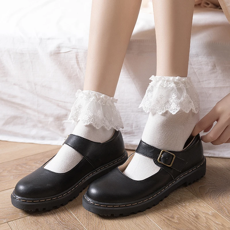 Lolita Frilly Socks Ruffle Princess Cotton Ankle Socks Ladies Girl's Lace Soft Comfortable Candy Color Middle Tube Hoseiry
