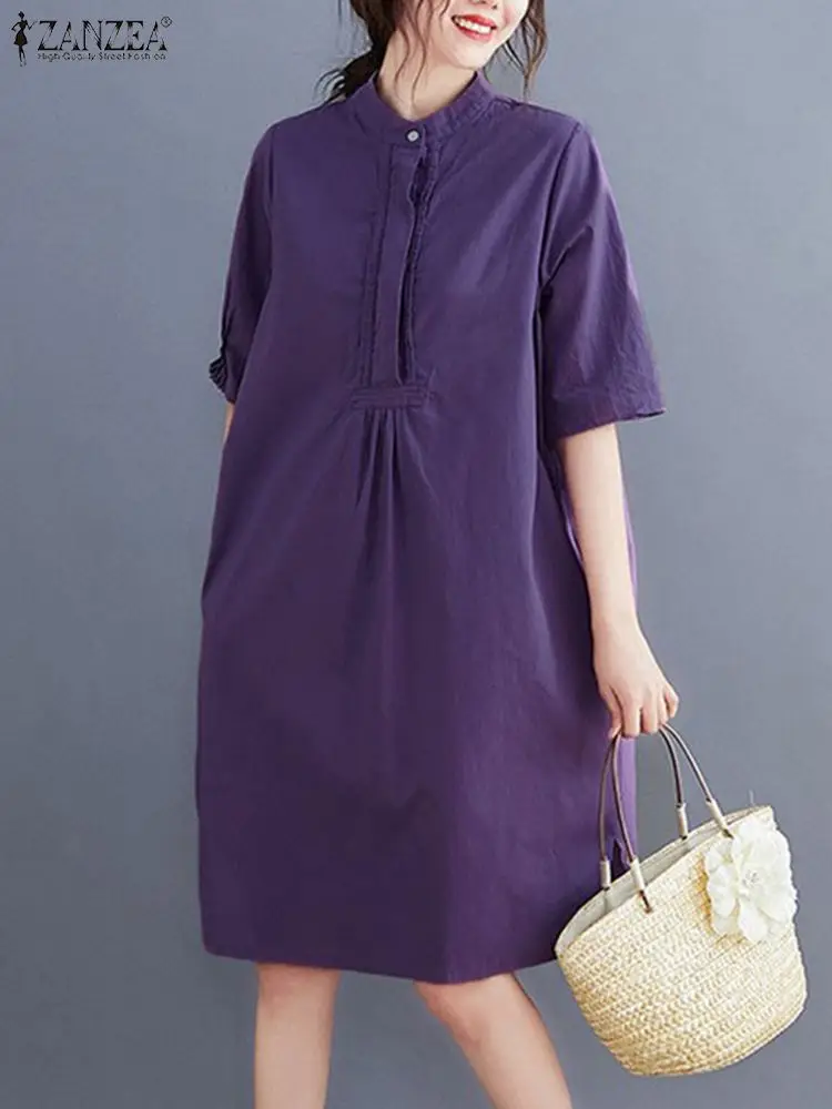 

2023 Women Casual Baggy Knee Robe Femme Vintage Solid Cotton Dress Summer Short Sleeve Dresses Oversized H Line Vestidos