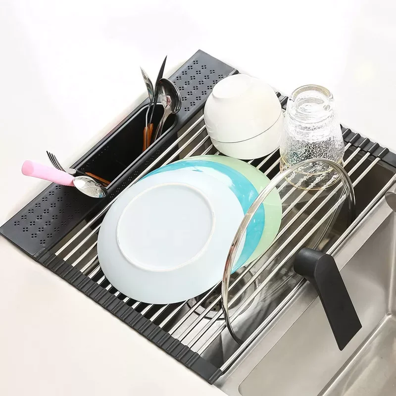 

NEW2023 Foldable Roll Up Dish Drying Rack for Kitchen Sink Stainless Drainer above Sink Storage Organizer Tray Kitchen Accessori