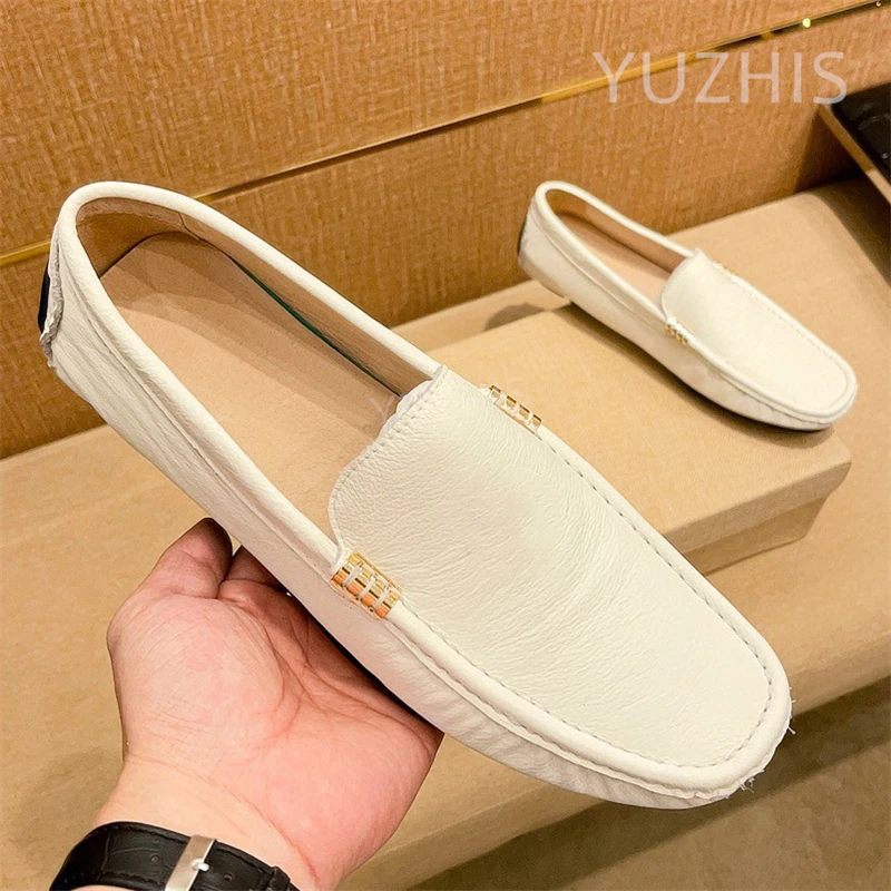

Luxury Natural Leather Gentleman Casual Shoes Men Sneakers Slip On Runway Design Flat Comfortable Loafers White Black Male Mules