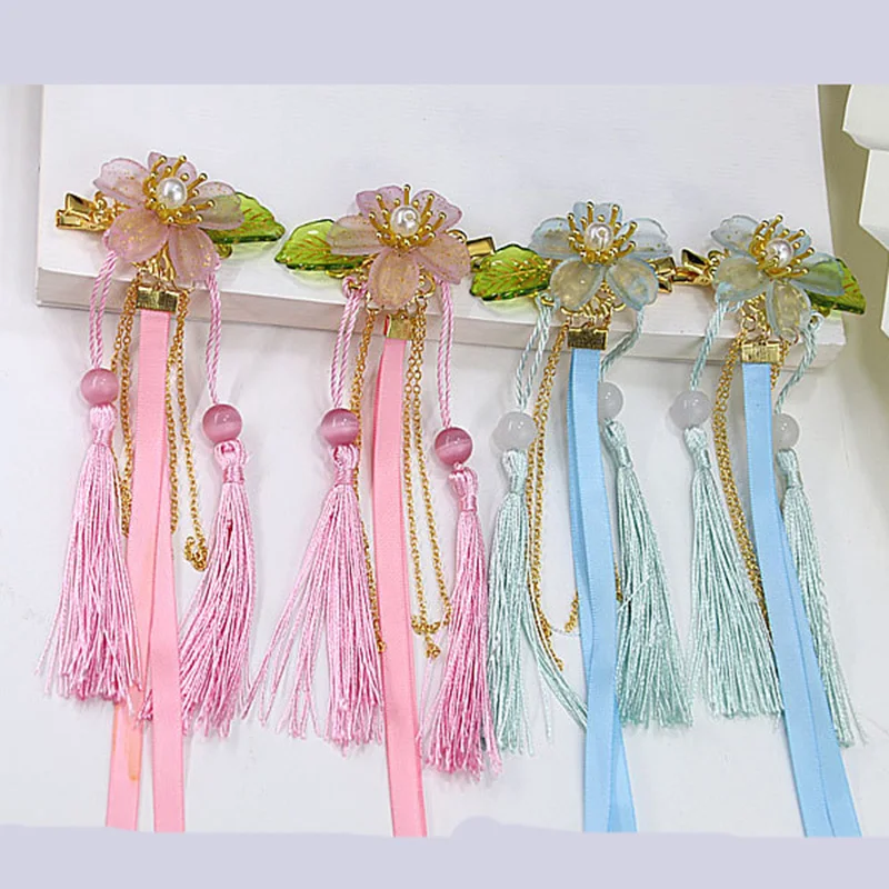 

2 Color Pink/Blue Flower Hairpin Long Ribbon Tassel Hair Clip Girl Hairpin Headdress