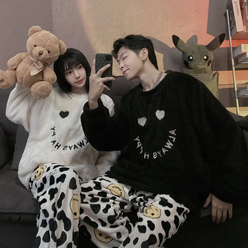 Autumn Winter Pajamas Female Ins New Thickened High-grade Students Plus Velvet Couple Suit Men's Suit Sleep Tops Sleepwear Women