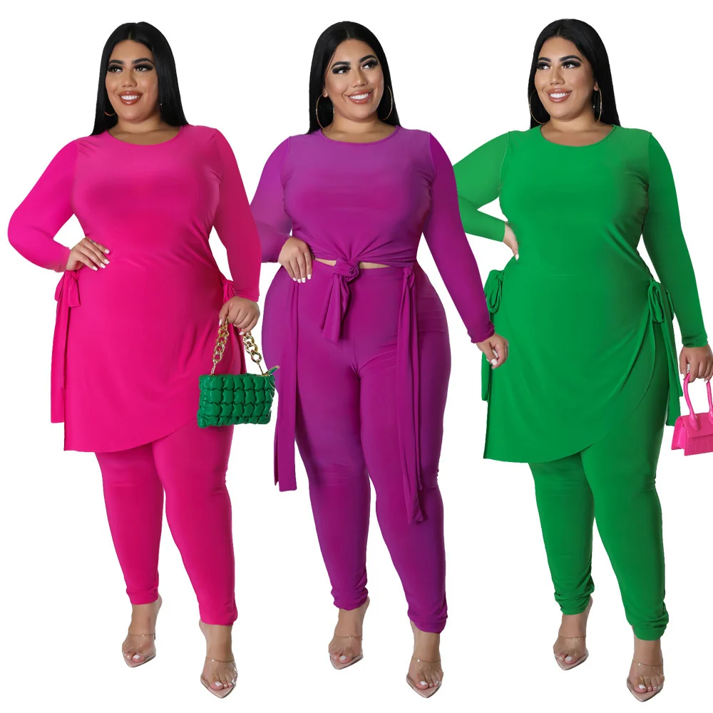 Plus Size Two-piece Set Women's Long Sleeve Solid Bandage Crew Neck Top Slip Hem Leggings Suit New Fashion Lady Casual Outfits