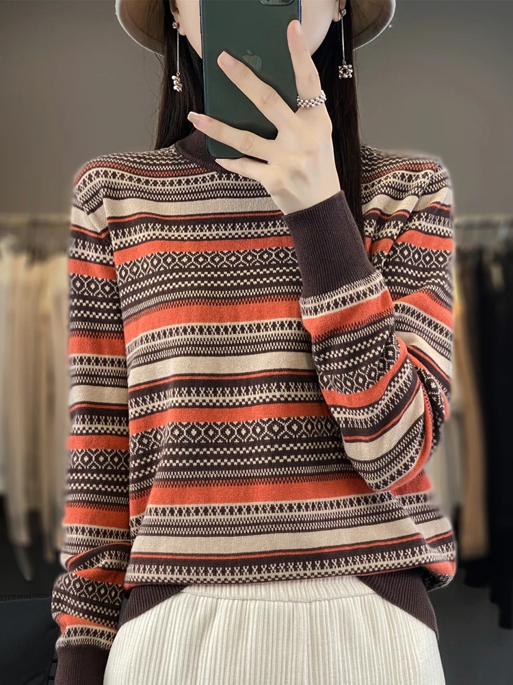 Свитер с высоким воротником в полоску стиле ретро женский вязаный низ из чесаной