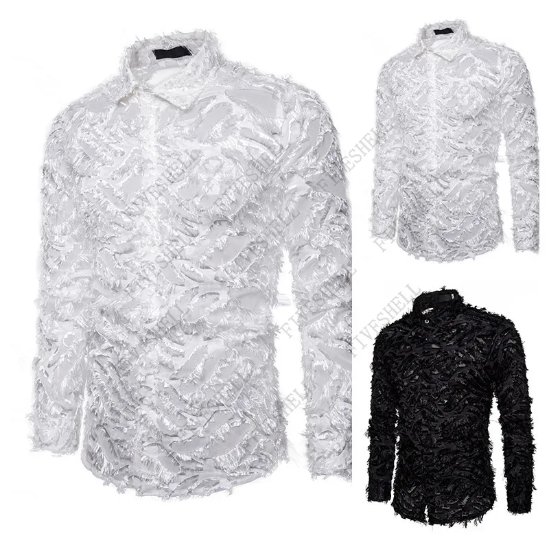 Men's White Feather See Through Nightclub Shirts Slim Fit Long Sleeve Sexy Lace Shirt Men Party Stage Singer Costume Homme XXL