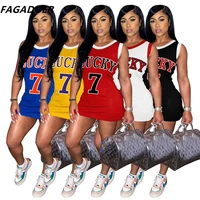fagadoer 2022 basketball print loose dress women sporty style letter mini dress summer round neck sleeveless one piece vestidos
