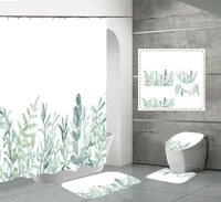 watercolor floral green leaf shower curtain set spring plant flower bath curtains non slip rug bathroom mat toilet lid cover 4pc