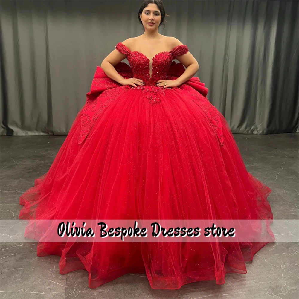 Fancy Red Bow Quinceanera Dresses 2025 For Birthday Party Beaded Lace Appliques Ball Gown vestido de 15 años quinceañera rojo