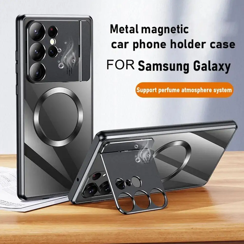 Чехол для Samsung Galaxy S23 S21 S22 Ultra Magsafe, металлическая рама, магнитный складной кронштейн на присоске, чехол для телефона с ароматерапией