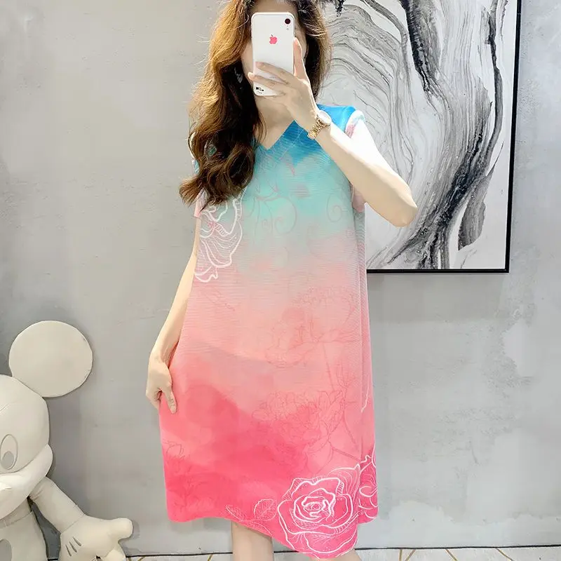 

Pleated dress female 2022 summer gradient color A-line skirt fashion elegant o neck sleeveless retro print Chinese style skirt