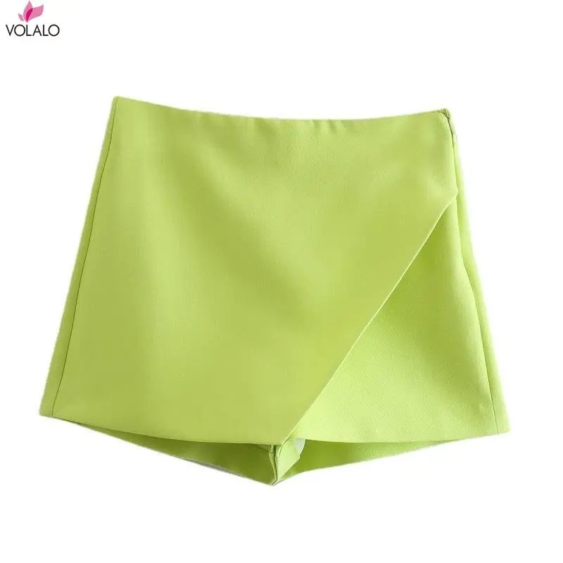 

VOLALO New Women Fashion Candy Color Asymmetrical Shorts Skirts Lady Zipper Fly Pockets Hot Shorts Chic Pantalone Cortos