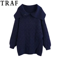 traf blue sweater pullover women cable knit winter fashion lapel oversize side slit long sleeve vintage sweater woman jersey