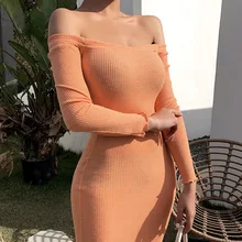 Women Sexy Bodycon Dress Long Sleeve Slash Neck Long Party Dress Autumn Winter Solid Elegant Streetwear Outfi Club Dresses (4)