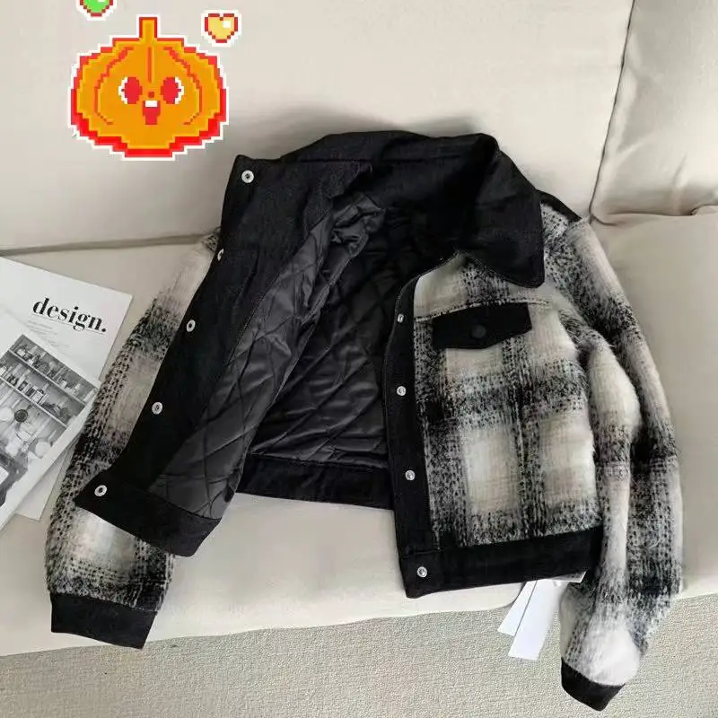 

Korean version of the new female plus size winter short jacket retro western style black and white checked cotton quilted jacket