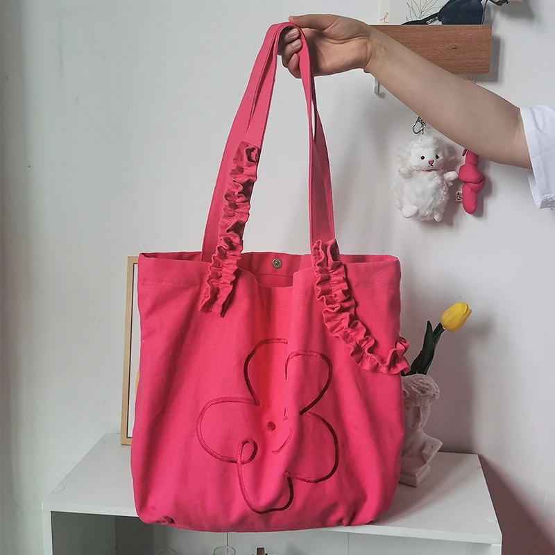 Cute Flower Embroidery Shoulder Bag for Women Girls Large Capacity Ruffles Shopping Bags Students Books Bags Canvas Handbag
