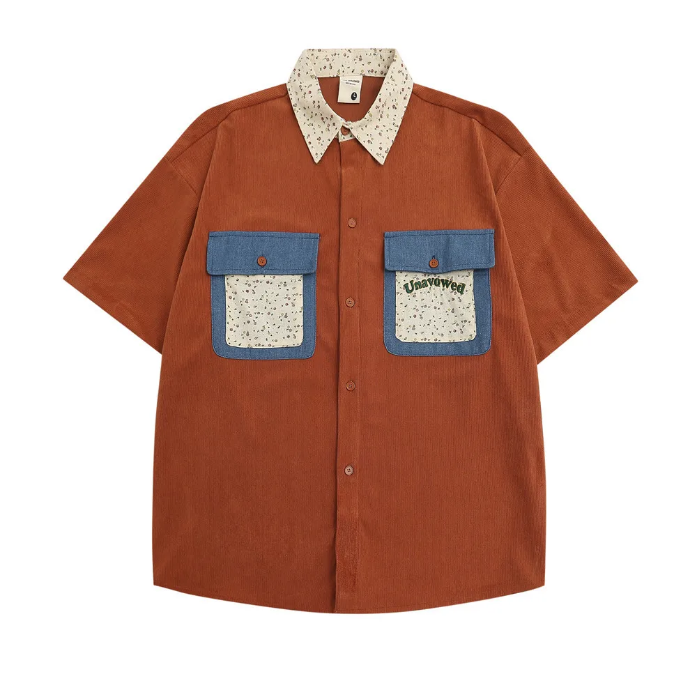 

Men Corduroy Patch Pockets Lapels Short Sleeve Shirt Male Women Streetwear Fashion Loose Casual Vintage Cargo Shirts Summer