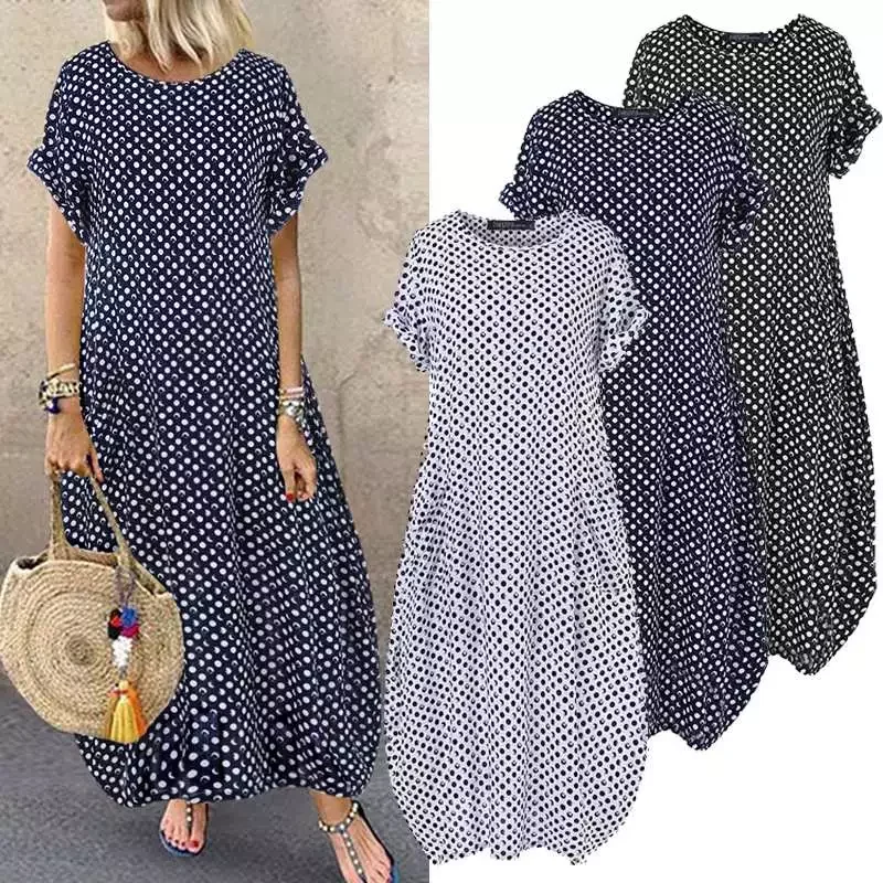 

Bohemian Beach Maxi Dress Womens Printed Summer Sundress ZANZEA 2022 Casual Polka Dot Baggy Sarafans Vestidos Robe