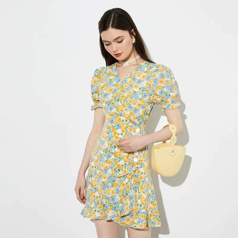 

Dodc Floral Dress Summer 2022 New French Retro V-Neck Waist Slim Tea Break Skirt