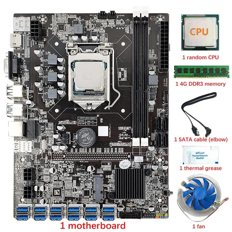 B75 12 USB3.0 BTC Mining Motherboard CPU+Fan+4G DDR3 RAM+Thermal Grease+SATA Cable 12 Cards LGA1155 DDR3 Slot SATA3.0