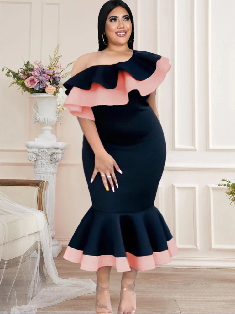 Plus Size Women Mermaid Dress Bodycon One Shoulder Ruffle Black Color Block Midi Robes Elegant African Party Birthday Event Gown