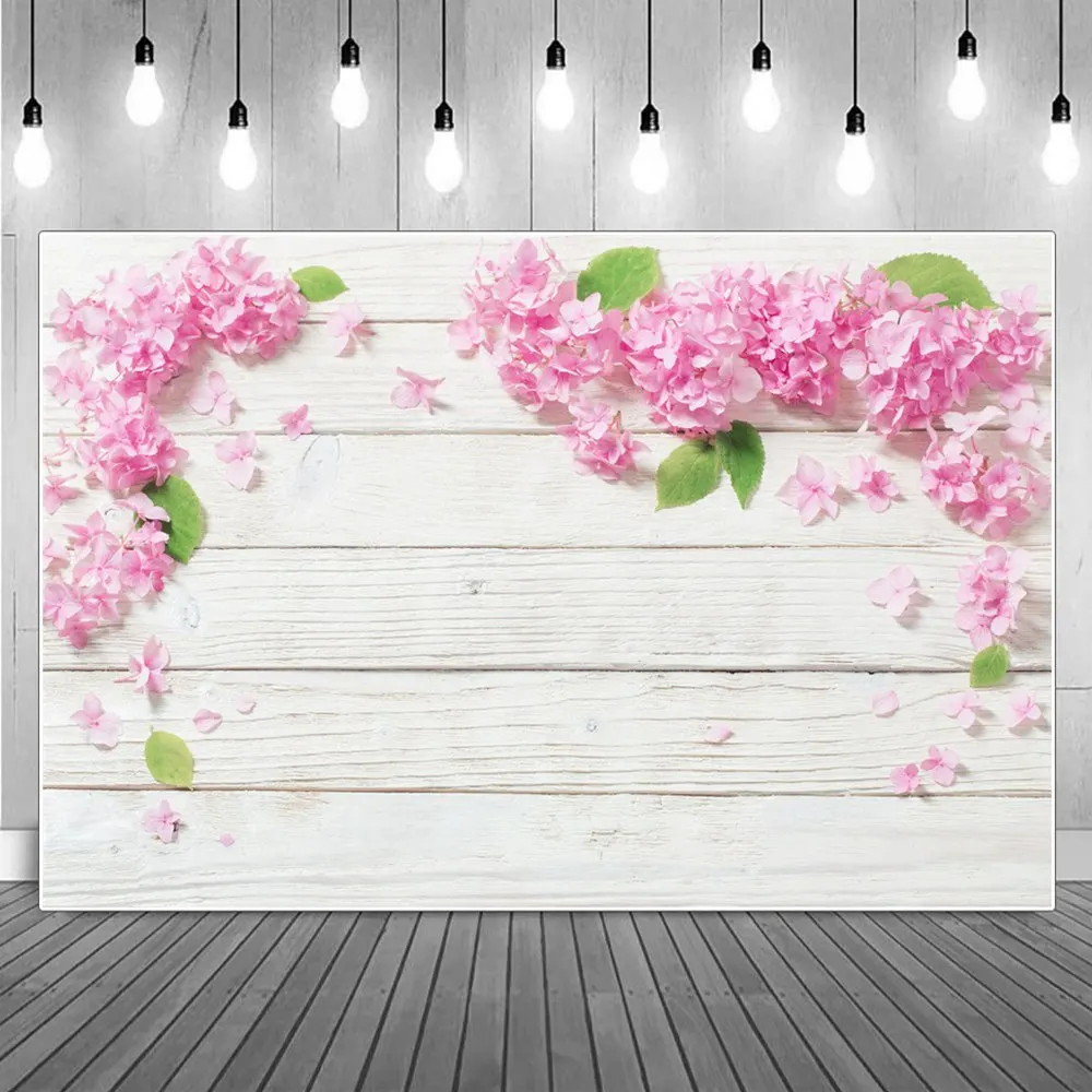 

Pink Floral Hydrangea Petals Plank Decoration Photography Backdrops Flowers Board Self Portrait Birthday Party Photo Backgrounds