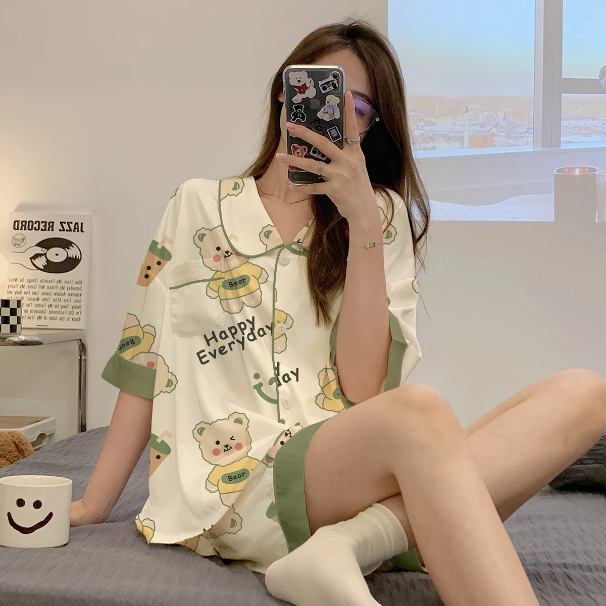 

Summer Pajama Sets For Women Adult Cartoon Bear Lovely Sleepwear Cotton Pyjama Pour Femme Girl Homewear Short Pijama Female