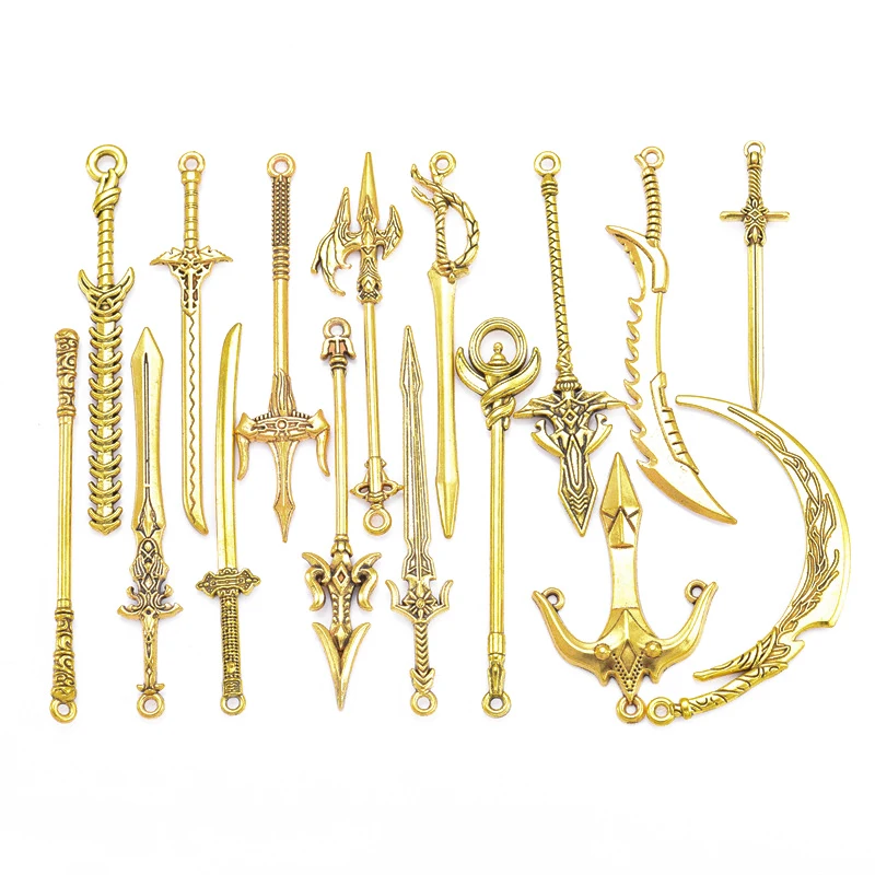 

10PCS 16 Styles Mixed Alloy Ancient gold Charms Knight Sword Knife Gun Bow Weapons Pendant For DIY Handmade Jewelry Material