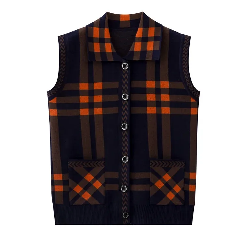 Вязаные свитера жилет для пожилых мам среднего возраста клетчатый кардиган без