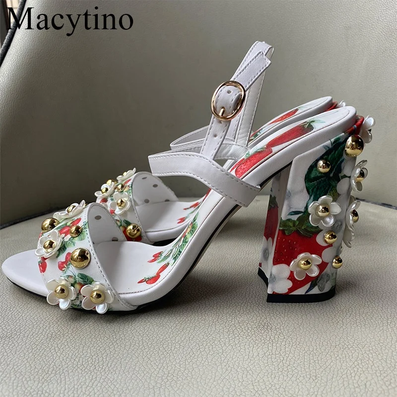 10CM High-heeled Sandals Women's 2022 Summer New Style Fashion Small Flower Decoration Buckle Strawberry Pictures  Shoes