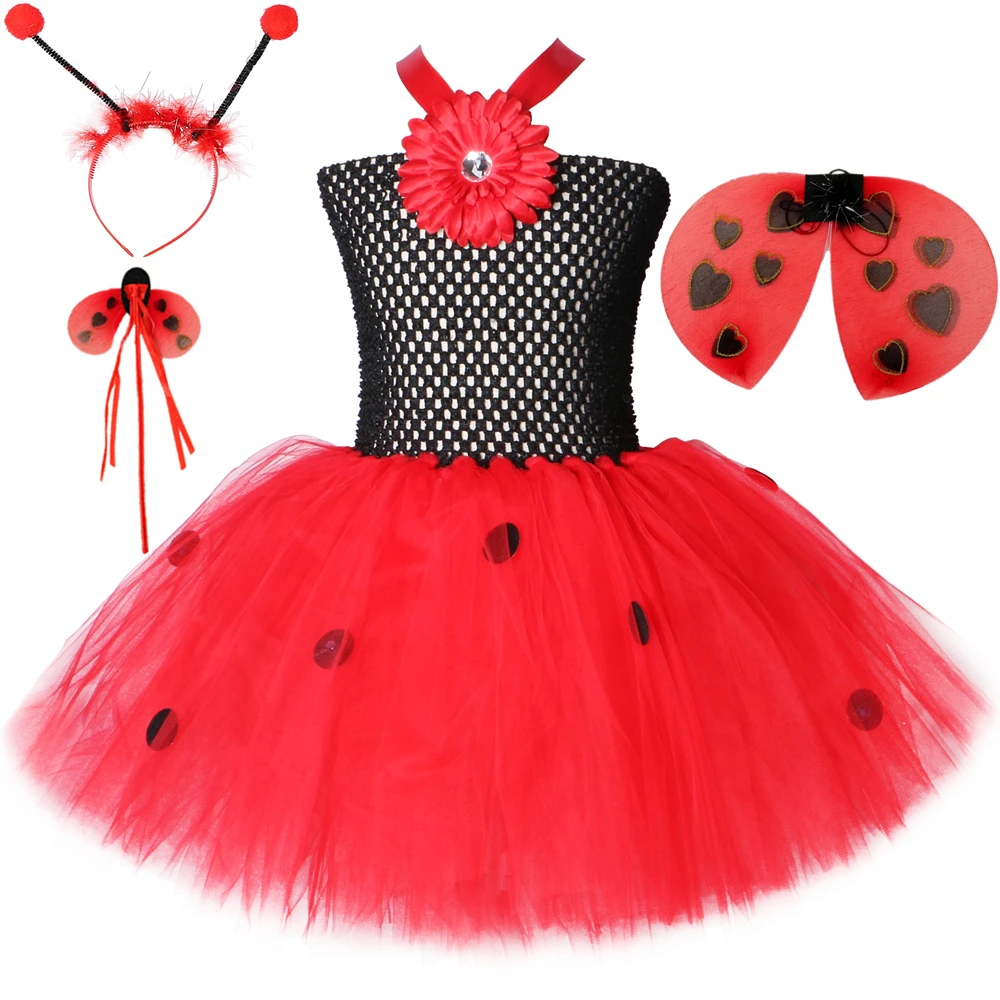 

Girls Ladybird Tutu Dress Dots Flowers Girl Fancy Dress Insect Red Bug Cosplay Costume for Kids Halloween Carnival Party Clothes