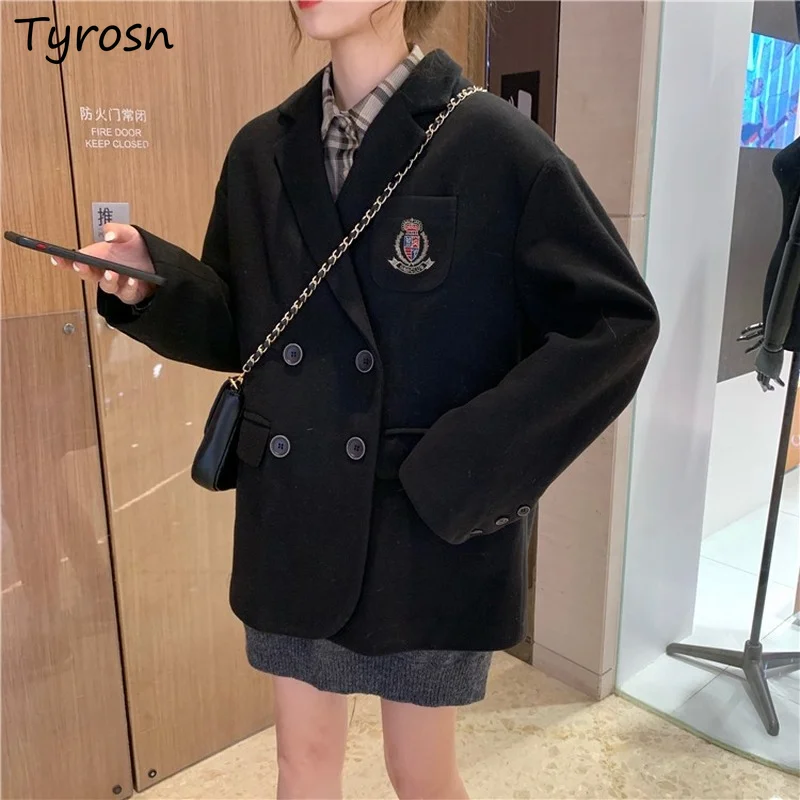 

Blazers Women Sweet Design Embroidery Pockets Woolen Blazer Streetwear Japanese Preppy Style JK Double Breasted Outwear Students