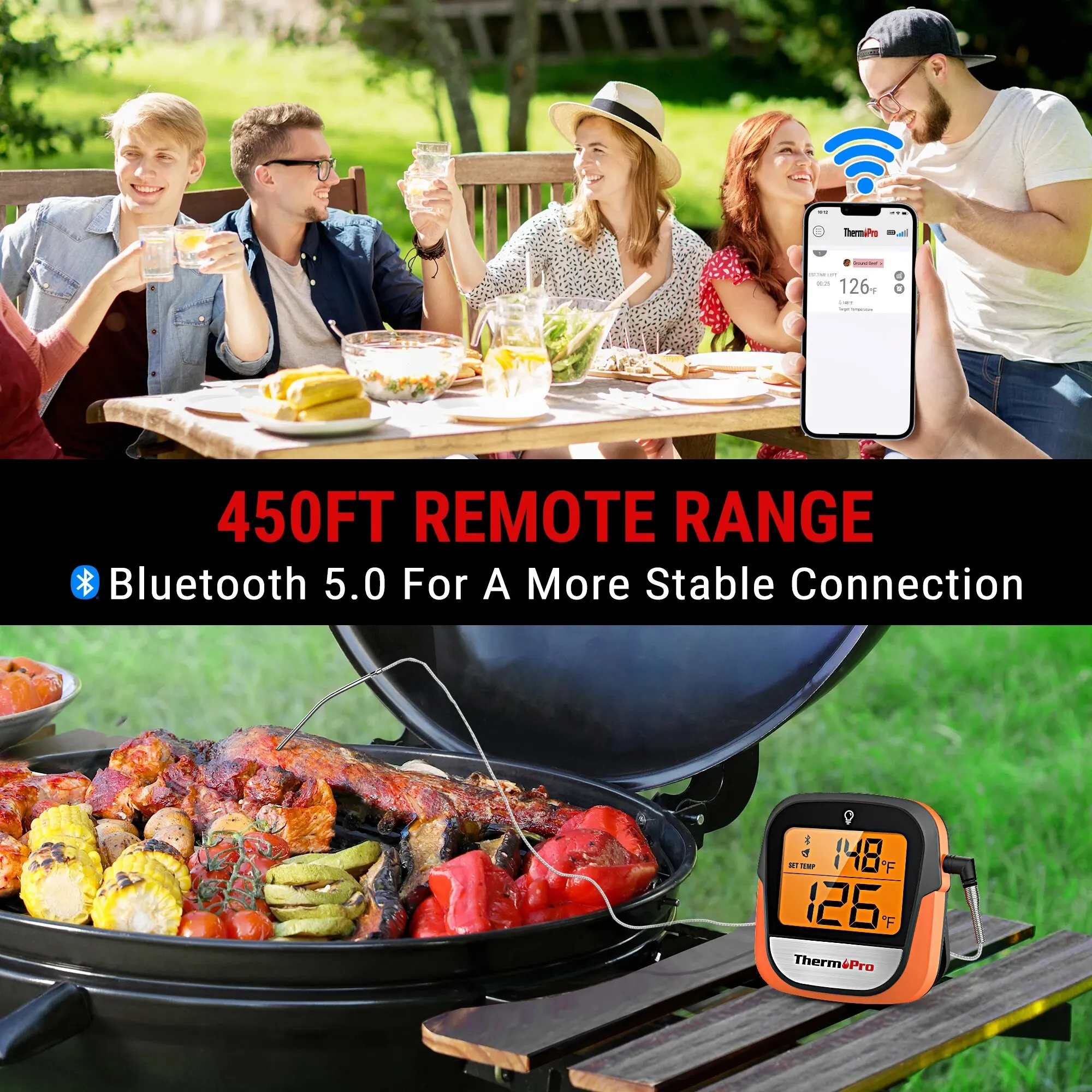 ThermoPro TP901 Bluetooth-соединенный цифровой термометр Беспроводной диапазон 135 м для