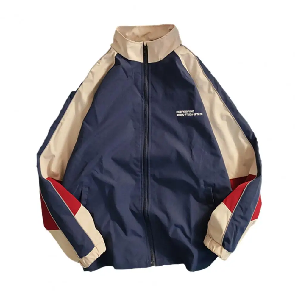 

Men Zip-up Jacket Vintage Color Block Men's Jacket Stylish Windproof Streetwear Coat with Stand Collar Zipper Closure for Spring