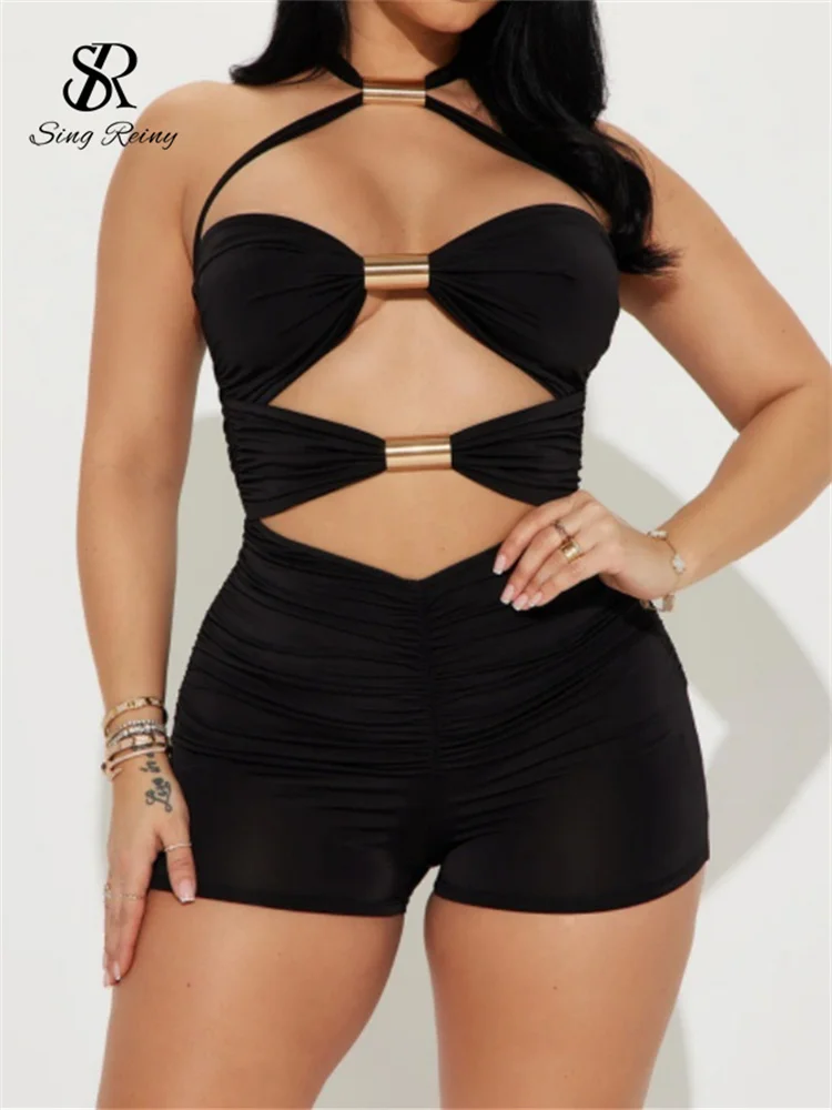 Комбинезон SINGREINY женский с вырезами пиджак лямкой на шее клубный модный короткий