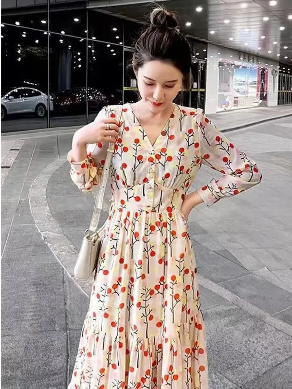 Женское шифоновое платье с V-образным вырезом длинным рукавом