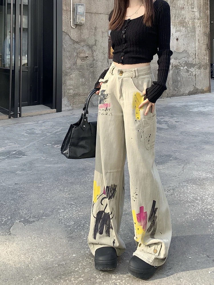 WCFCX STUDIO винтажные джинсы с принтом граффити высокой талией свободные широкие