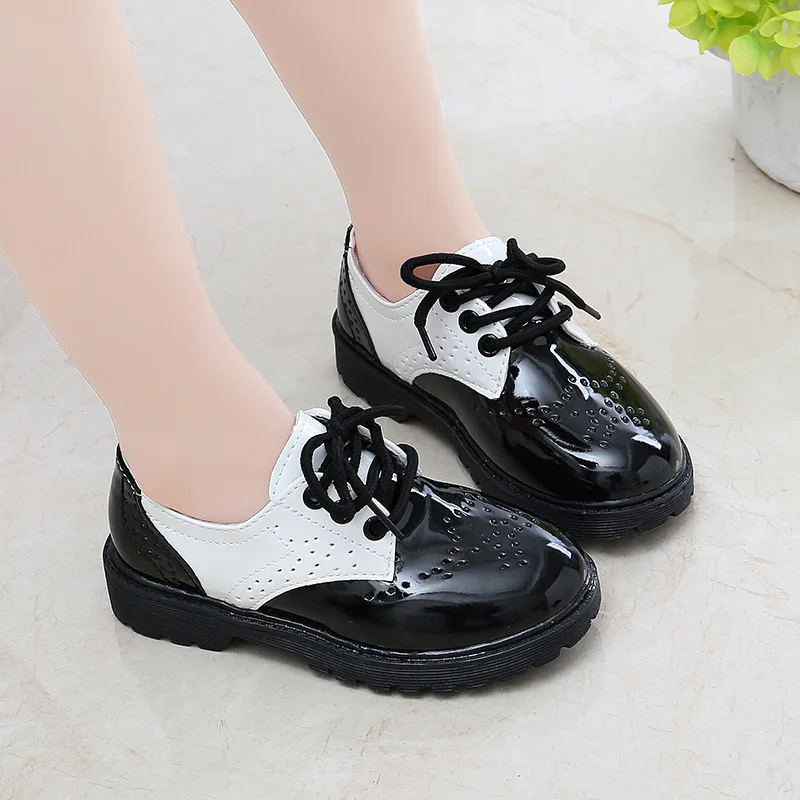 

Детские туфли-оксфорды, перфорированные, на шнуровке, кожаные, для принцесс, кроссовки, повседневная обувь, белые, черные