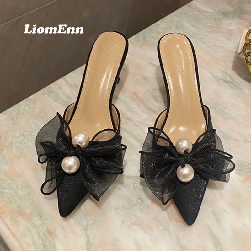 

2022 New Ladies Bowknot Thin Heels Shoes Woman Outdoor Casual Summer Slippers Women Slides Luxury Brand Sexy Party Wedding Shoes