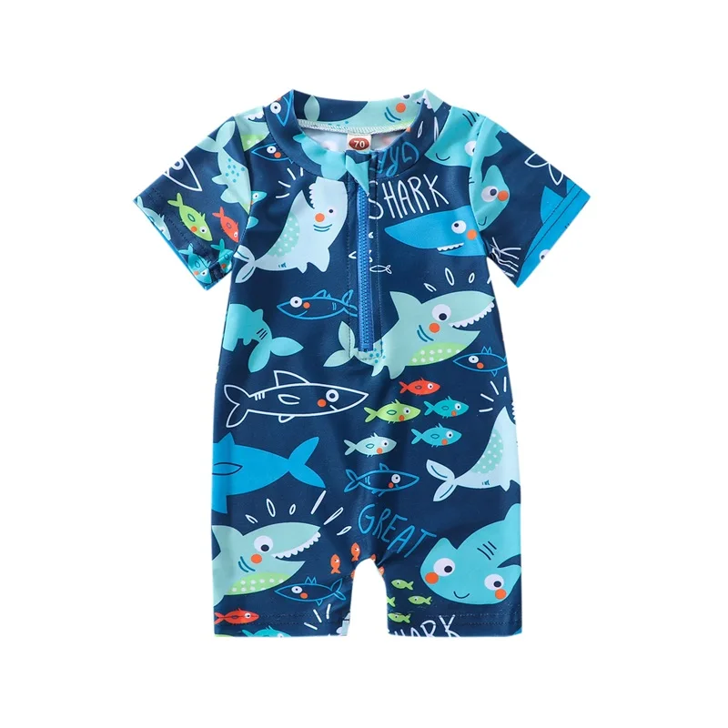 Kids Boys Summer Swimsuit Casual Shark Printed Short Sleeve Zipper Jumpsuit Swimwear Beachwear