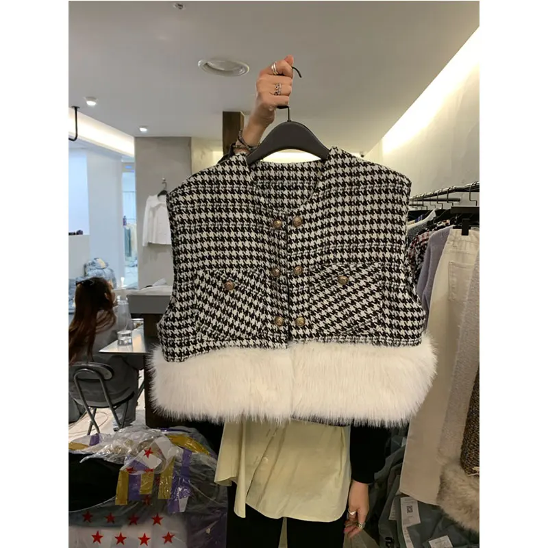 

Women's Elegant O Neck Houndstooth Patchwork Fur Hem Vest Top Lady Autumn Winter Sleeveless Outwear Top