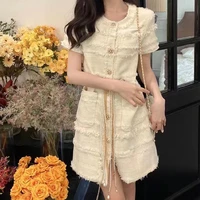 brand design pearl chain belt decoration tweed short sleeve dress silk lining 2022 spring and summer new white dress sexy dress